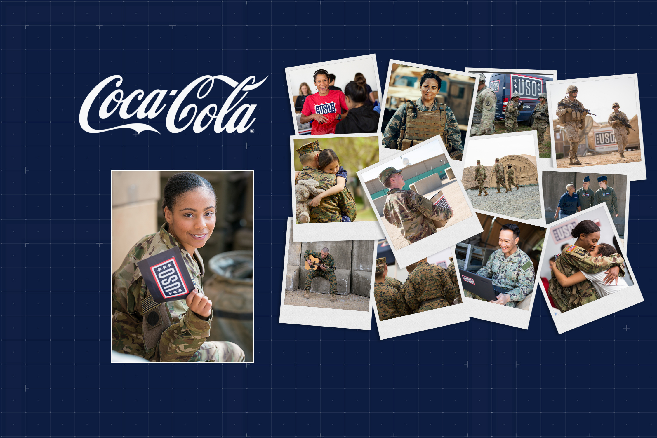 Images of soldiers recieving messages of support form USO.